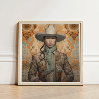 Framed Portrait Person Wide-brimmed Beige Hat Patterned Jacket Gay Chinese Cowboy, Art, Vintage