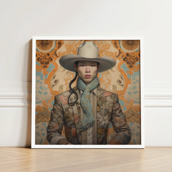 Framed Portrait Person Light Gray Cowboy Hat Patterned Gay Chinese, Art, Vintage