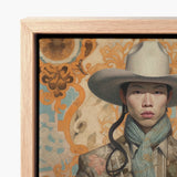 Framed Canvas Painting Person Light Beige Cowboy Hat Gay Chinese, Art, Vintage