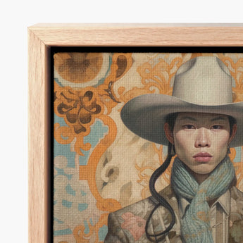Framed Canvas Painting Person Light Beige Cowboy Hat Gay Chinese, Art, Vintage
