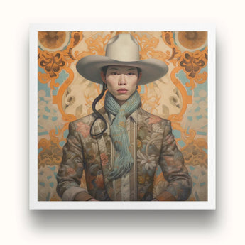 Baihu - Gay Chinese Cowboy Art Print / Canvas Framed Painting Person Wide-brimmed Beige Hat Floral-patterned Jacket Gay Chinese Cowboy,