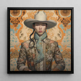 Baihu - Gay Chinese Cowboy Art Print / Canvas Framed Portrait Person Wide-brimmed Beige Hat Ornate Floral-patterned Gay Chinese Cowboy,