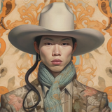 Baihu - Gay Chinese Cowboy Art Print / Canvas Wide-brimmed Beige Cowboy Hat Floral Patterned Black Leather Gay Chinese Cowboy, Art, Vintage