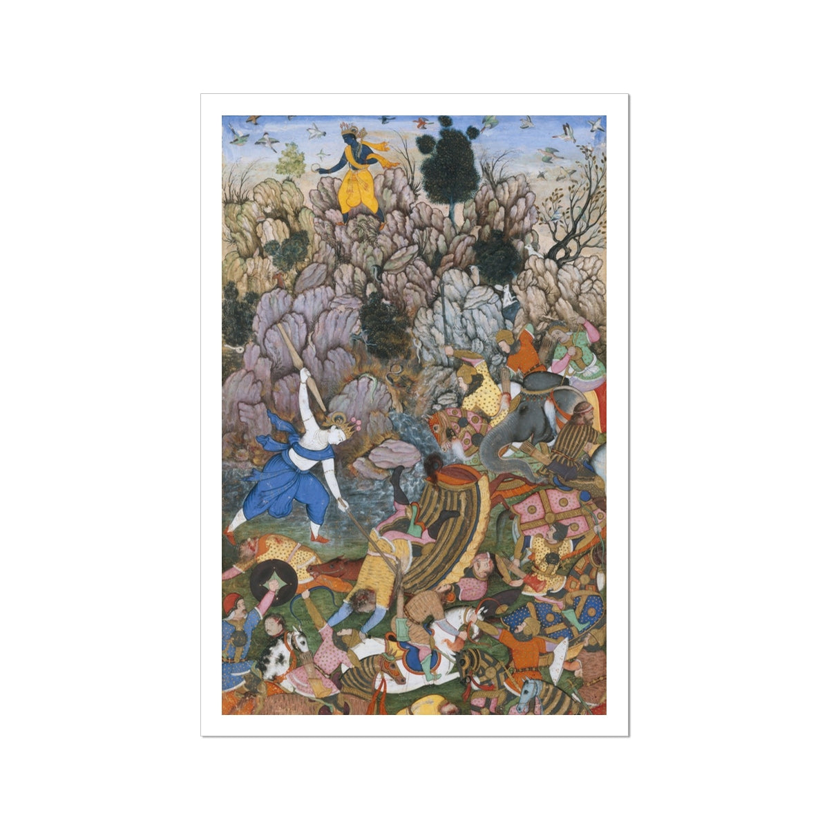 Balarama & Krishna Fighting the Enemy Harivamsa Art Print, 20x30’’ / 51x76cm / Unframed, Intricate Battle Scene Figures Animals