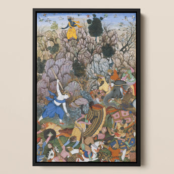 Balarama & Krishna Fighting the Enemy - Harivamsa Art Print / Canvas, 12x18’’ / 31x46cm / Black Frame, Posters Prints Visual Artwork, Toby