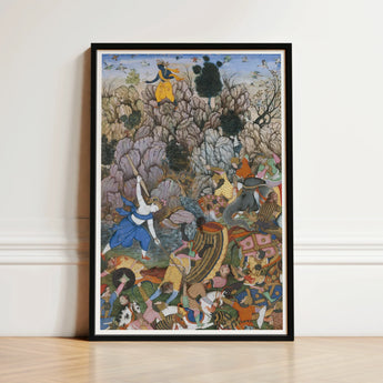 Vibrant Framed Mughal-style Battle Scene Painting Intricate Rich Harivamsa Art Print, Balarama Wields Pestle, Krishna Fighting Celestial