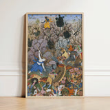 Framed Mughal-style Painting Vibrant Battle Scene Intricate Rich Harivamsa Art Print, Balarama Wields Pestle, Krishna Fighting Celestial
