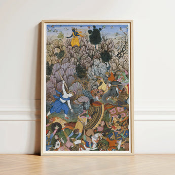 Framed Mughal-style Painting Vibrant Battle Scene Intricate Rich Harivamsa Art Print, Balarama Wields Pestle, Krishna Fighting Celestial