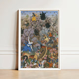 Framed Mughal-style Painting Vibrant Battle Scene Intricate Rich Harivamsa Art Print, Balarama Wields Pestle, Krishna Fighting Celestial