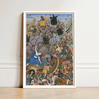 Framed Mughal-style Painting Vibrant Battle Scene Intricate Rich Harivamsa Art Print, Balarama Wields Pestle, Krishna Fighting Celestial