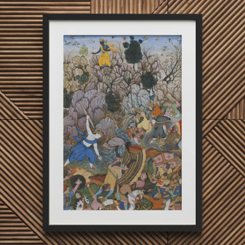 Balarama & Krishna Fighting the Enemy - Harivamsa Art Print / Canvas Black Framed Artwork Colorful Detailed Illustration People Forest
