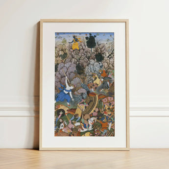 Balarama & Krishna Fighting the Enemy - Harivamsa Art Print / Canvas Framed Persian Miniature Painting Vibrant Crowded Scene Figures