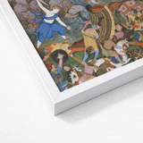 White Framed Artwork Vibrant Detailed Illustration Ancient Battle Harivamsa Art Print, Balarama Wields Pestle, Krishna Fighting Celestial