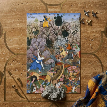 Vibrant Intricately Detailed Miniature Painting Dynamic Battle Scene Harivamsa Art Print, Balarama Wields Pestle, Krishna Fighting