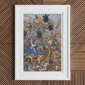 Balarama & Krishna Fighting the Enemy - Harivamsa Art Print, Framed Mughal Painting