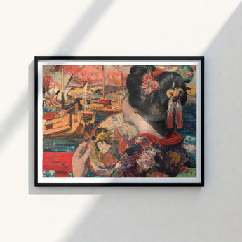 Black-framed Art Print Woman Traditional Attire Ornate Hair Silken Nape Aglow, Lacquered Pinned, Painted Clouds Convulse