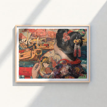 Framed Painting Woman Traditional Attire Dark Hair Adorned Silken Nape Aglow, Lacquered Pinned, Painted Clouds Convulse