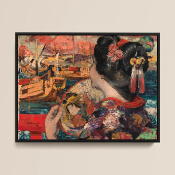 The Balcony - Edward Atkinson Hornel Art Print / Canvas Framed Painting Woman Traditional Attire Dark Hair Adorned Silken Nape Aglow,