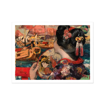 The Balcony - Edward Atkinson Hornel Art Print / Canvas Painting Woman Kimono Fan Silken Nape Aglow, Lacquered Hair Pinned, Painted Clouds