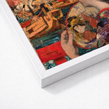Vibrant Textured Abstract Painting Sleek White Frame Silken Nape Aglow, Lacquered Hair Pinned, Painted Clouds Convulse