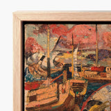 Rustic Wooden-framed Painting Harbor Scene Boats Vibrant Textured Silken Nape Aglow, Lacquered Hair Pinned, Painted Clouds Convulse
