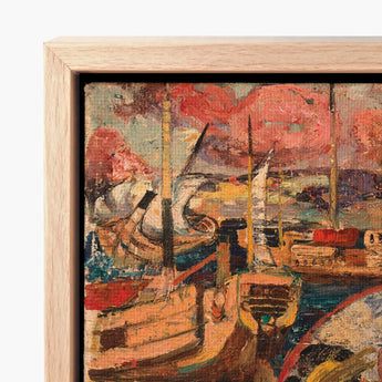 Rustic Wooden-framed Painting Harbor Scene Boats Vibrant Textured Silken Nape Aglow, Lacquered Hair Pinned, Painted Clouds Convulse