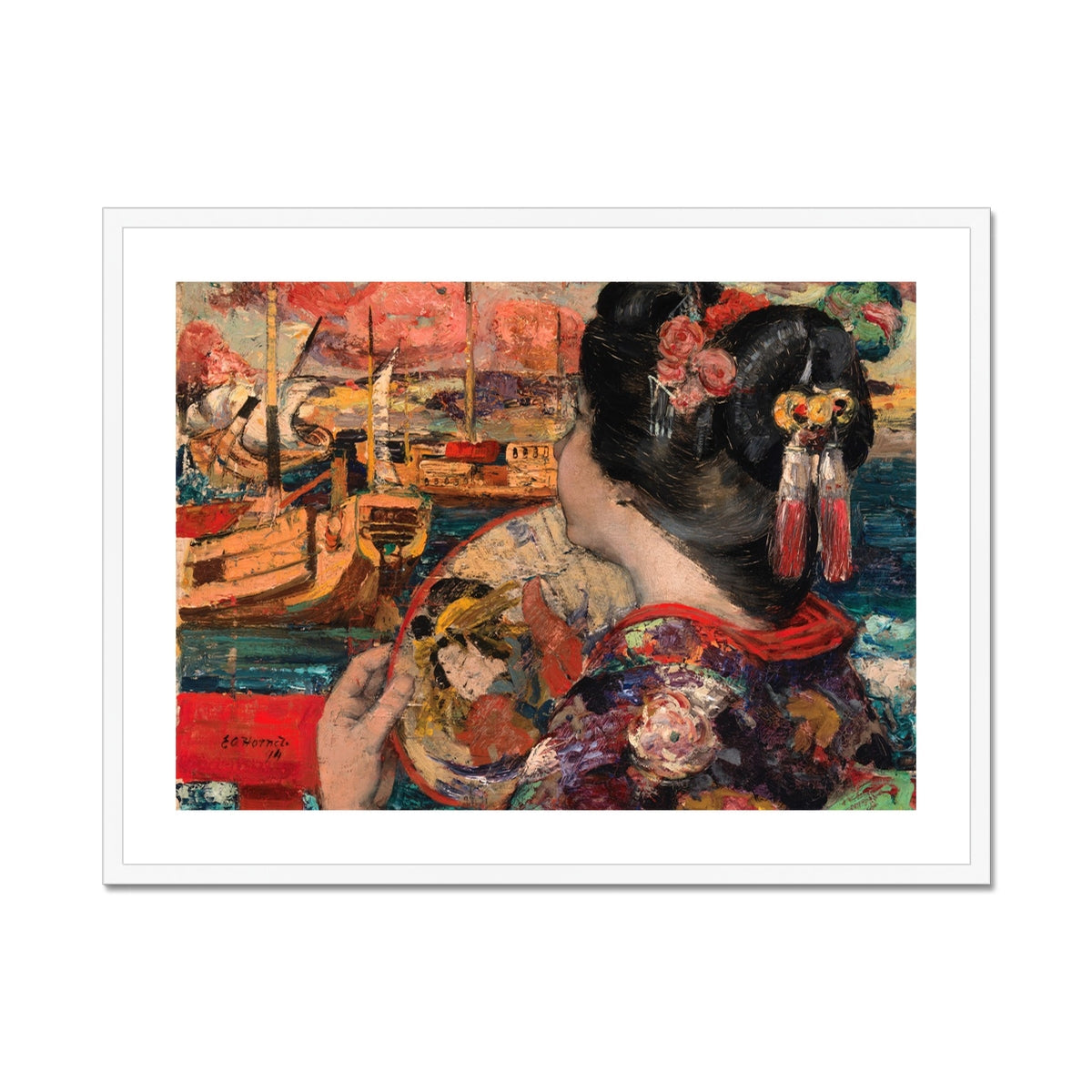 The Balcony Edward Atkinson Hornel Art Print, Framed Painting Woman Kimono Fan