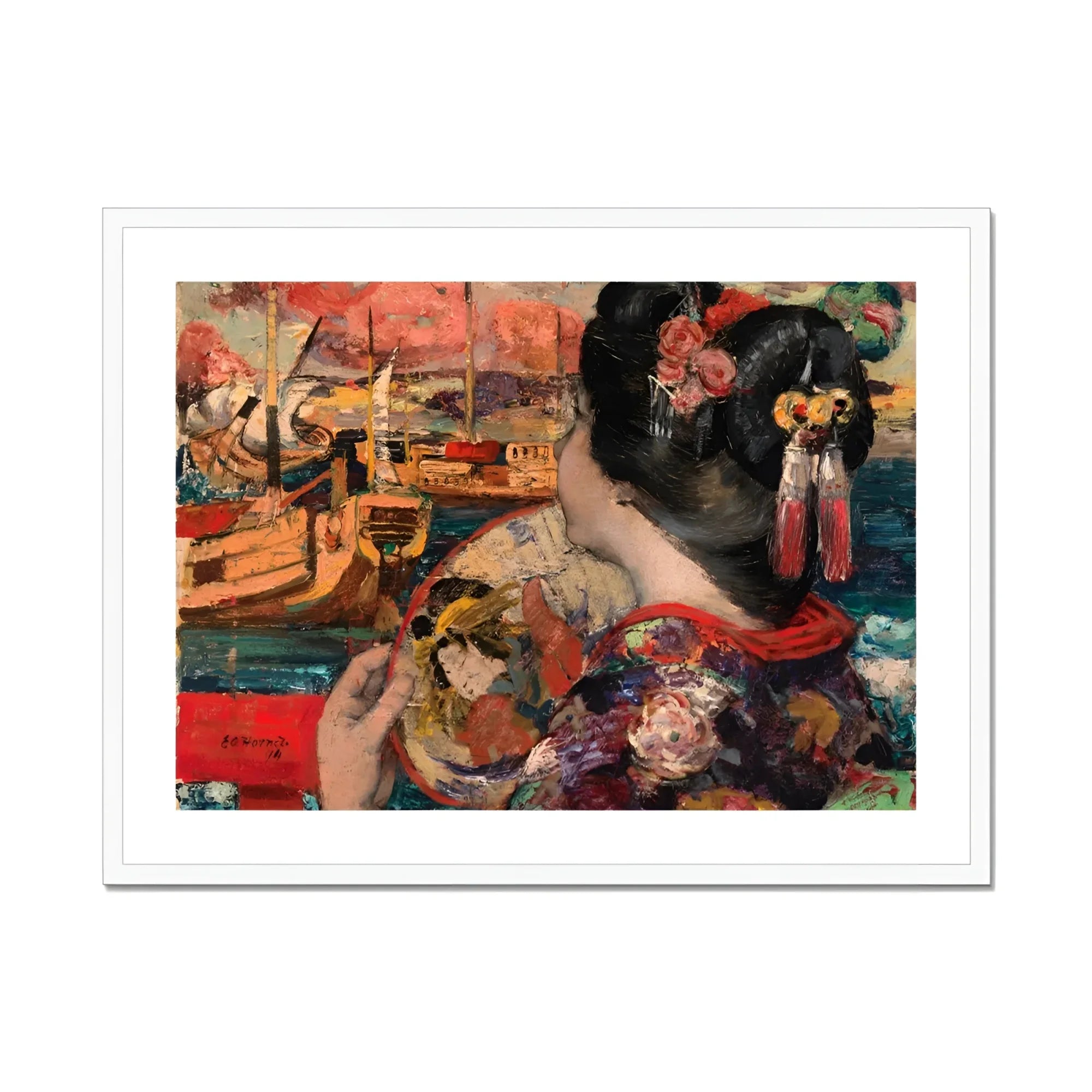 The Balcony - Edward Atkinson Hornel Art Print, Framed Painting Woman Kimono Fan