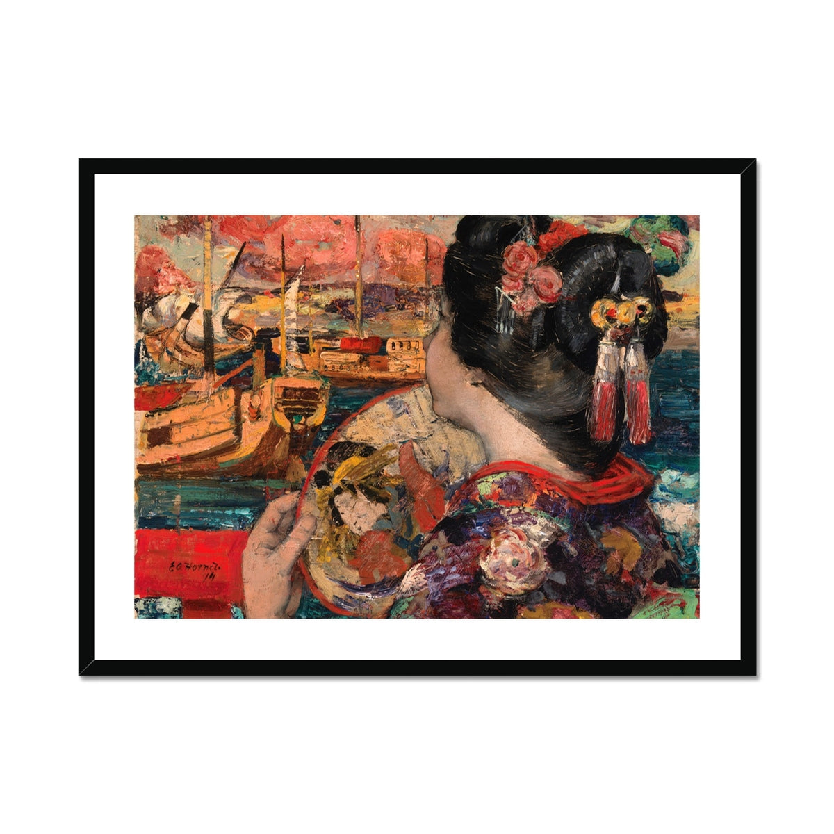 The Balcony Edward Atkinson Hornel Art Print, Framed Painting Woman Kimono Mirror
