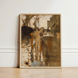 Framed Painting Light Wood Frame Figures Earthy Tones Two Nude Bathers, Standing, John Singer, Sargent