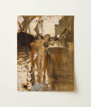 Framed Painting Figures Rustic Earth-toned Scene Visible Brushstrokes Two Nude Bathers, Standing, John Singer, Sargent