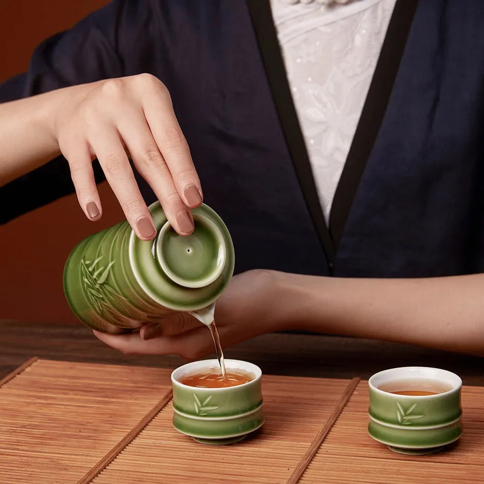 Bamboo Kung Fu Tea Set (1 Pot With 2 Cups) Double Wall Artisan Drinkware - Acera