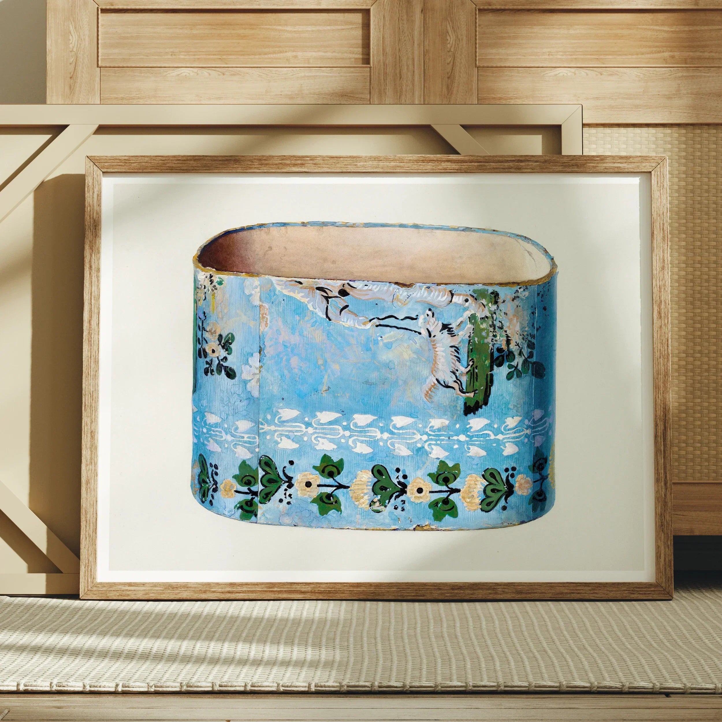 Bandbox Charles Caseau Decorative Art Print, 24x18’’ / 61x46cm / Unframed, Framed Ceramic Vessel Blue Glaze Floral Decorative Pattern