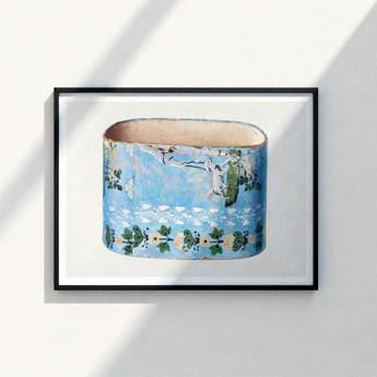 Vintage-style Blue Ceramic Planter Delicate Floral Leaf Patterns Charles Caseau Decorative, Captivating Bandbox Print, Bygone Era