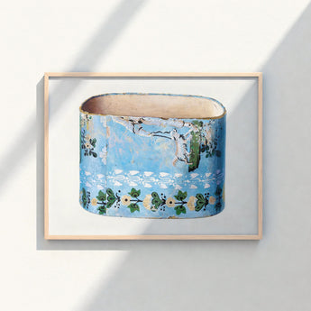 Vintage-style Blue Ceramic Planter Distressed Finish Adorned Delicate Charles Caseau Decorative, Captivating Bandbox Print, Bygone Era