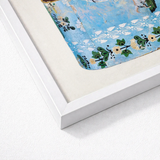 Framed Artwork Blue Background Green Yellow Floral Patterns Charles Caseau Decorative, Captivating Bandbox Print, Bygone Era