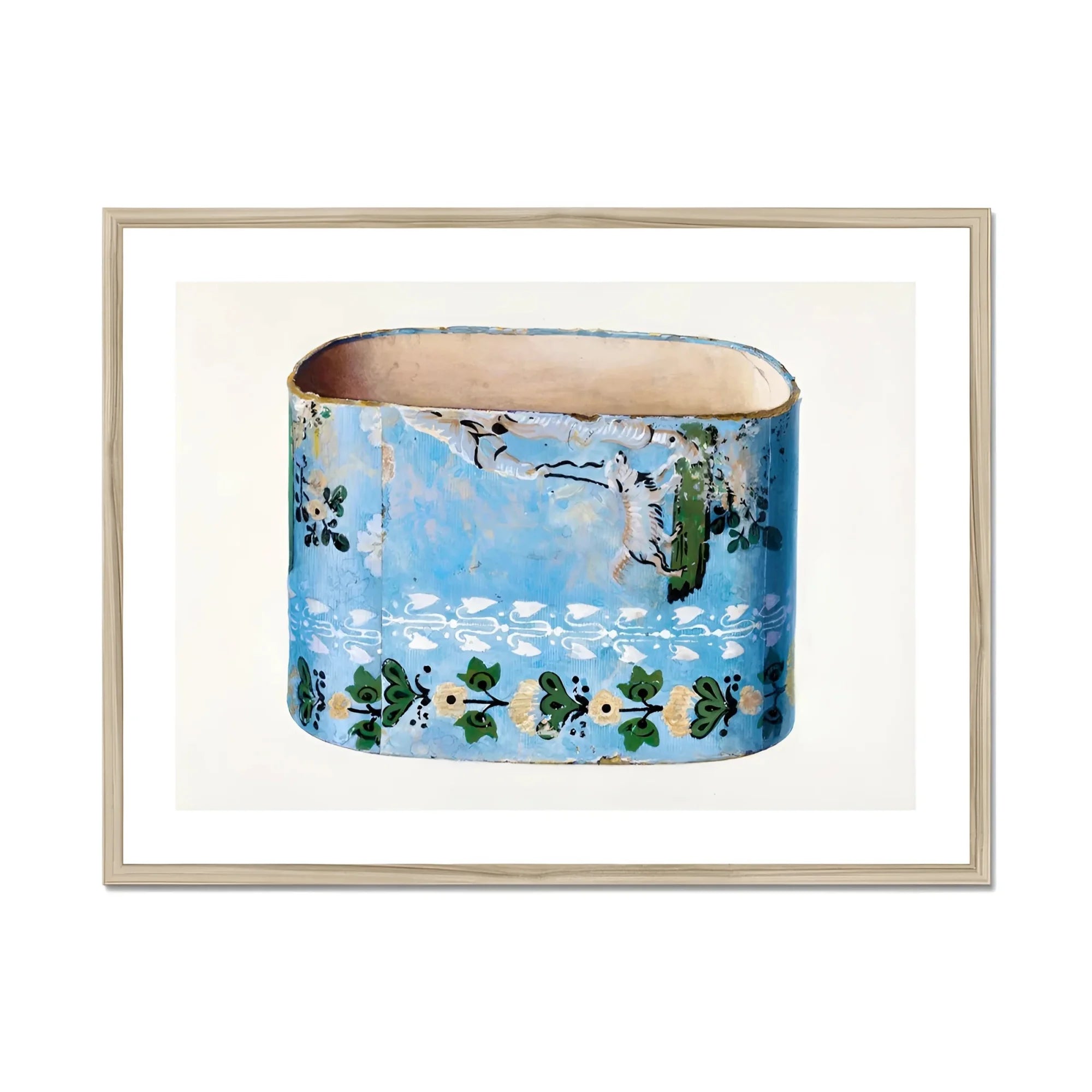 Bandbox - Charles Caseau Decorative Art Print, Light Blue Ceramic Planter Decorated Green Floral Patterns