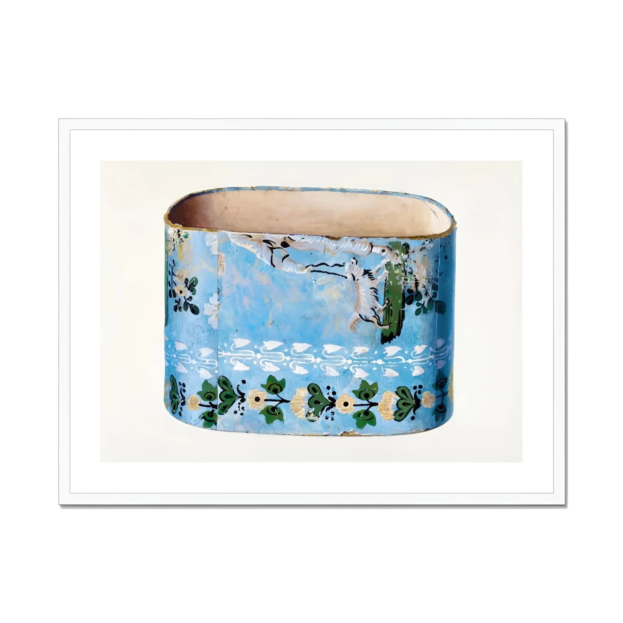 Bandbox - Charles Caseau Decorative Art Print, Oval Ceramic Planter Decorated Blue Glaze Green Floral