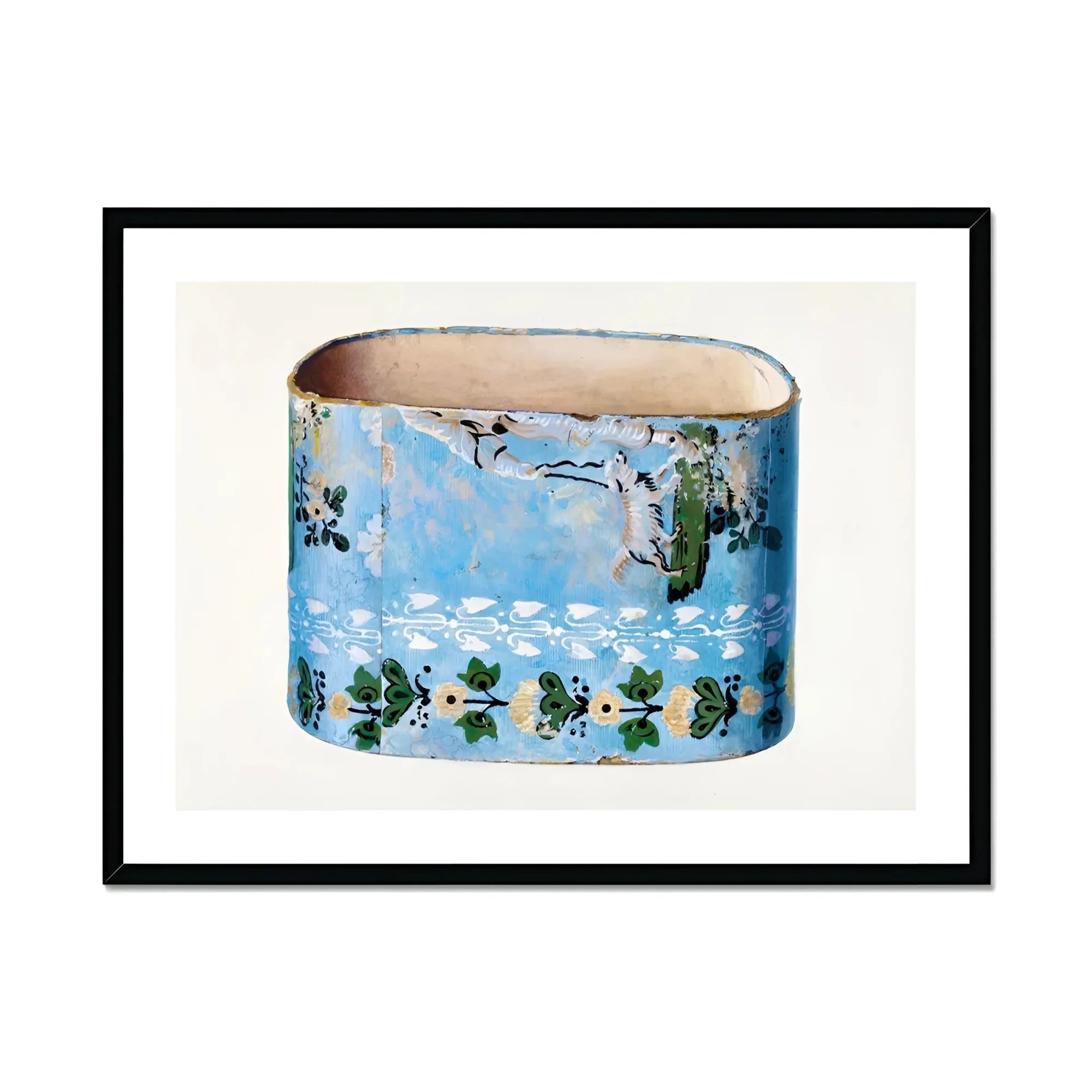 Bandbox - Charles Caseau Decorative Art Print, Oval Ceramic Vessel Blue Glaze Green Floral Decorative