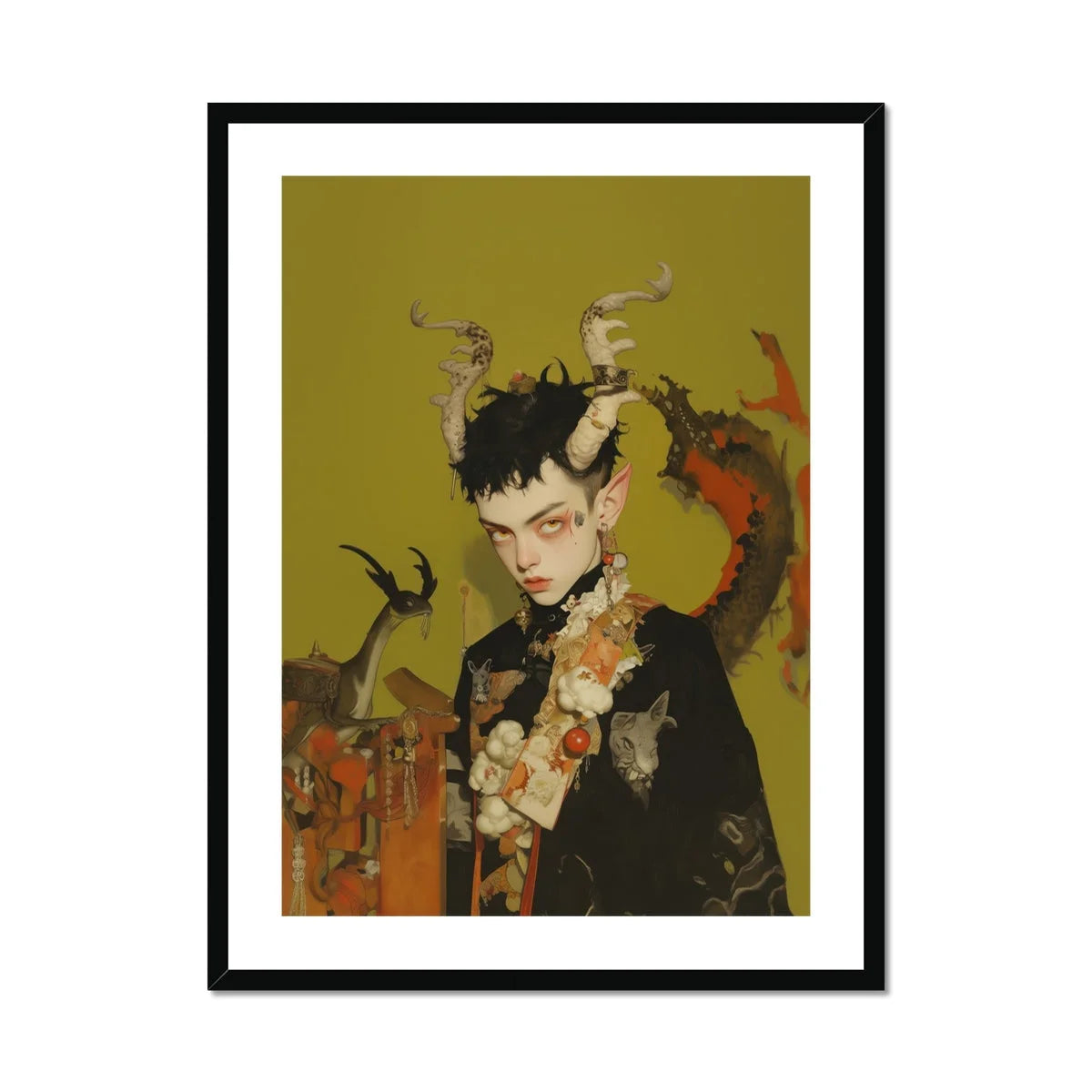 Baphomet’s Bastard - Gay Demon Art Print, Framed Artwork Dark-haired Figure Horns Floral Elements Illustrative