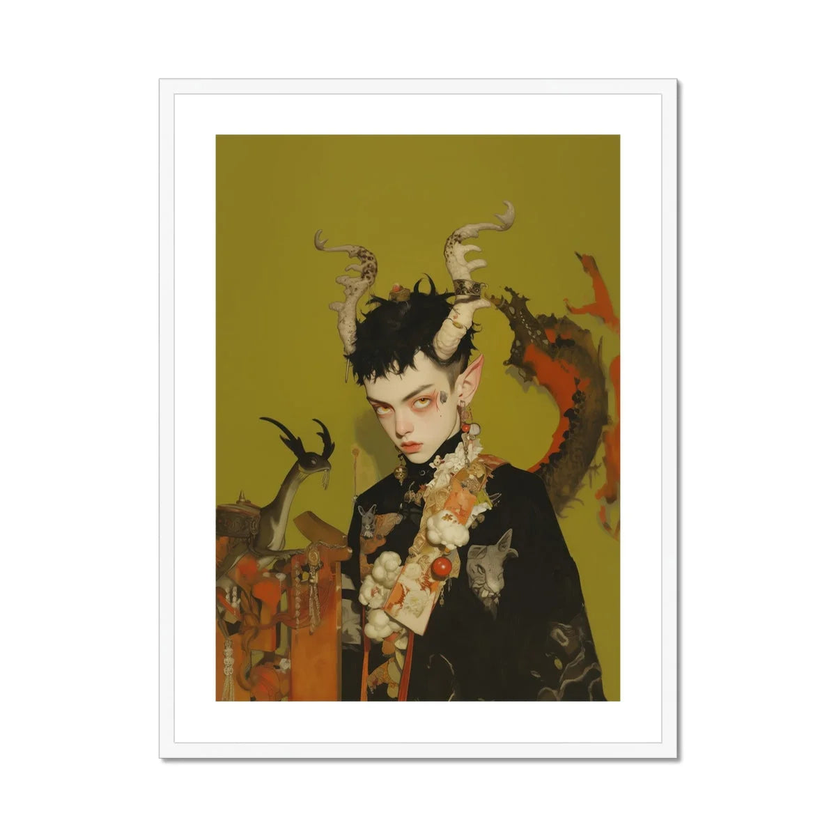 Baphomet’s Bastard - Gay Demon Art Print, Dark-haired Figure Horns Floral Decorations Gothic Fantasy Art
