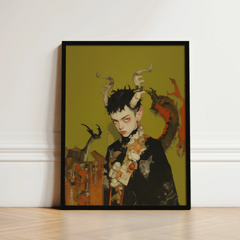 Framed Digital Artwork Stylized Figure Antlers Ornate Accessories Gay Demon Child, Twisted Offspring, Shadowy Folds
