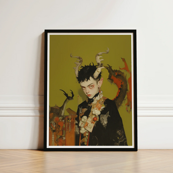 Black-framed Art Print Stylized Portrait Illustrated Figure Horns Gay Demon Child, Twisted Offspring, Shadowy Folds