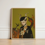 Framed Digital Artwork Stylized Figure Antlers Ornate Accessories Gay Demon Child, Twisted Offspring, Shadowy Folds