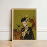 Framed Art Print Stylized Portrait Ethereal Figure Antlers Gay Demon Child, Twisted Offspring, Shadowy Folds