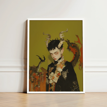 Framed Artwork Stylized Portrait Ethereal Figure Dark Hair Gay Demon Child, Twisted Offspring, Shadowy Folds