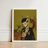 White-framed Art Print Stylized Figure Antlers Ornate Attire Gay Demon Child, Twisted Offspring, Shadowy Folds