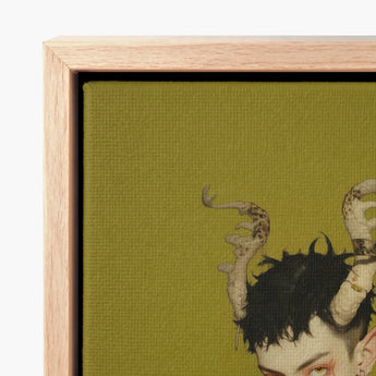 Framed Canvas Artwork Stylized Portrait Dark Hair Pale Gay Demon Child, Twisted Offspring, Shadowy Folds