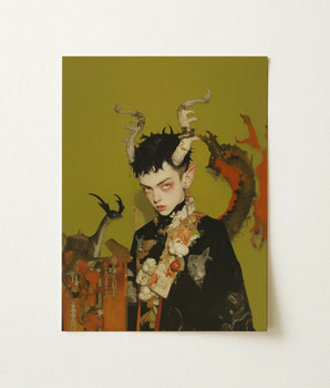 Surreal Digital Art Print Stylized Figure Antler-like Horns Gay Demon Child, Twisted Offspring, Shadowy Folds
