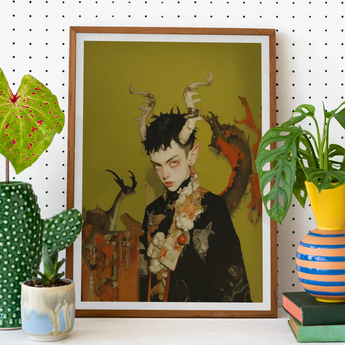 Baphomet’s Bastard - Gay Demon Art Print, Framed Artwork Fantastical Horned Figure Otherworldly Appearance Golden